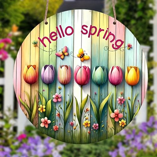 1 pc de pancarte de porte printanière, 20,32 x 20,32 cm Signe de tulipes colorées suspendu, pancarte de bienvenue de ferme pour la décoration suspendue du printemps, maison, intérieur et extérieur, salon, chambre d'enfants, salle de famille, bureau à dom