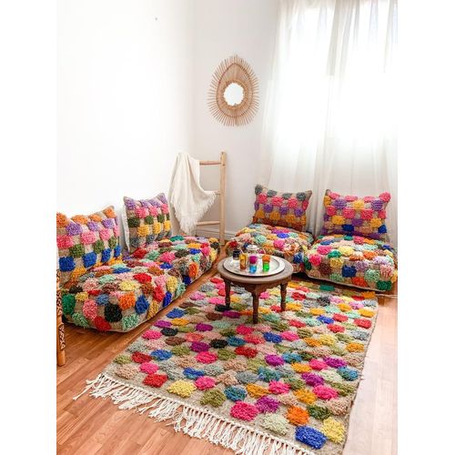Canapé de Sol Marocain Handmade 4 poufs , Housse Artisanale Non Rembourrée avec 4 Housses de Coussins , Style Bohème