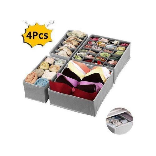 مجموعة من 4 صناديق تخزين قابلة للطي من القماش القابل للتنفس، منظمات أدراج مع مقصورات للملابس، الملابس الداخلية، اللانجري، الجوارب، حمالات الصدر، روابط العنق والإكسسوارات - مثالي للخزانة والدولاب