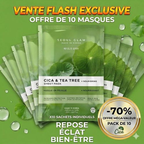 Lot de 10 Masques Tissu SeoulGlam Cica + Tea Tree pour Peaux Sensibles et à Imperfections - Cure Réparatrice K-Beauty - Hydratation et Bien-être - 10 x 20ml