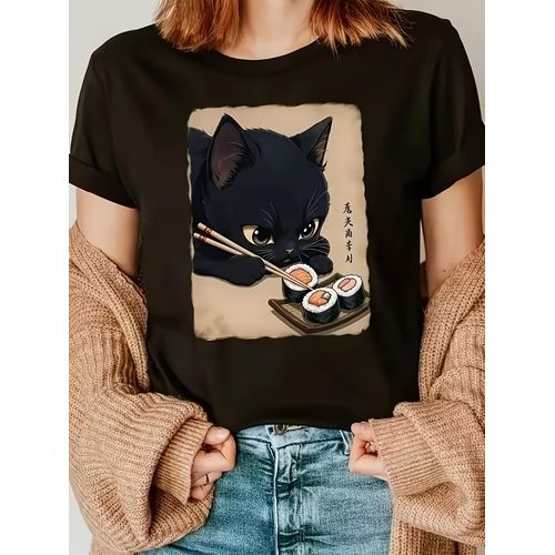 T-shirt noir imprimé chat noir style japonais, manches courtes mignonnes et amusantes à col rond, haut décontracté tendance et personnalisé pour femmes