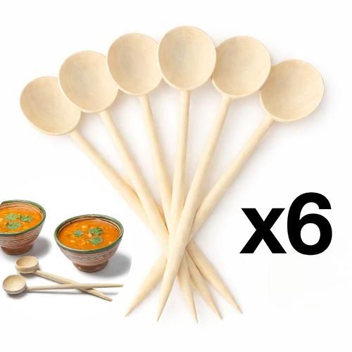 Lot de 6 Cuillères Traditionnelles en Bois Naturel pour Soupe et Cuisine