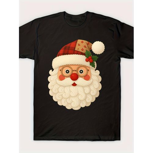 T-shirt de Noël vintage pour homme avec une jolie tête de Père Noël à carreaux, imprimé graphique audacieux, col rond, tissu très extensible, parfait pour un look décontracté le week-end et au quotidien