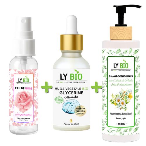حزمة LYBIO ماء الورد 100 مل + زيت الجلسرين 50 مل - قطارة + شامبو بخلاصة النباتات 200 مل
