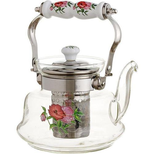 Théière en Verre Résistant à la Chaleur avec Poignée Mobile en Motif Porcelaine 1 litre