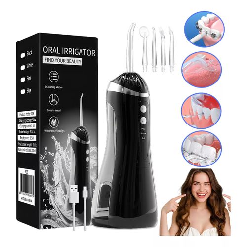 Irrigateur buccal dentaire, Hydropulseur Oral sans fil 200 ml avec 4 embouts remplaçables, Nettoyage Buccal, 3 Modes d’Utilisation, Premium et Portable