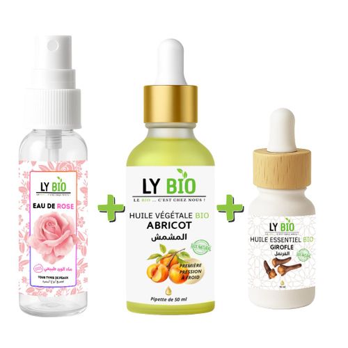 ليبيو عبوة ماء ورد 100مل + زيت مشمش 50مل - قطارة + زيت قرنفل أساسي 10مل