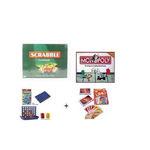 4 jeux de société : Monopoly Français, Scrabble Classic, bingo et cartes UNO