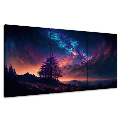 Tableau Mural Art Ciel Étoilé Cosmique, Galaxie Nébuleuse et Silhouette d'Arbres Triptyque 3 Pièces 60 x 40 cm - Toile Canvas HD sur Châssis Bois