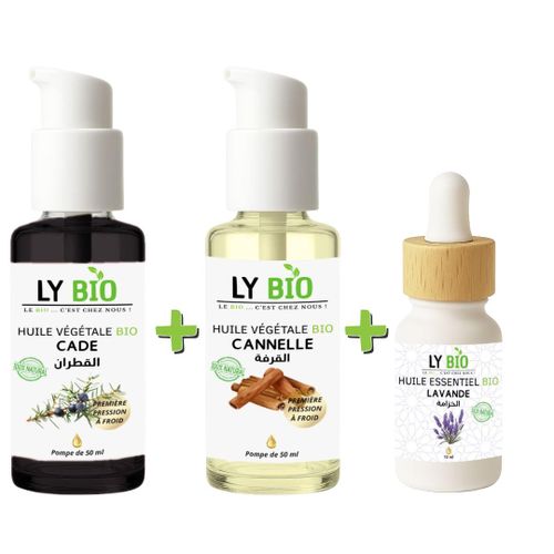 PACK HUILE CADE 50ML - POMPE + HUILE CANNELLE 50ML - POMPE + HUILE ESSENTIEL LAVANDE 10ML