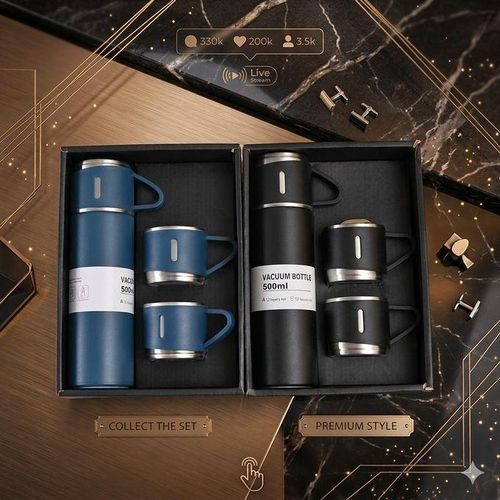 Thermo Thermos FLASK en acier inoxydable avec 3 tasses – 500 ml pour boissons chaudes et froides