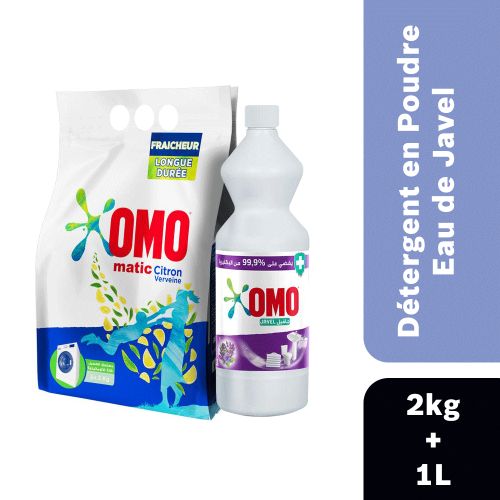 Détergent en Poudre - Fraîcheur Citron Verveine - 2kg & Eau de Javel - Lavande - 1L