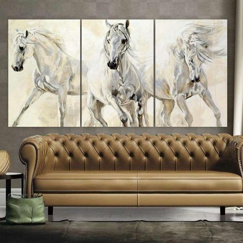 Tableau Triptyque 3 Panneaux Chevaux Blancs en Mouvement Style Artistique Décoration Murale Salon