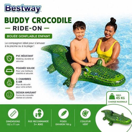Bestway Buddy Crocodile Ride-On 152 × 71 cm – Bouée Gonflable Enfant Crocodile Flottant avec Poignée – Jusqu'à 45 kg