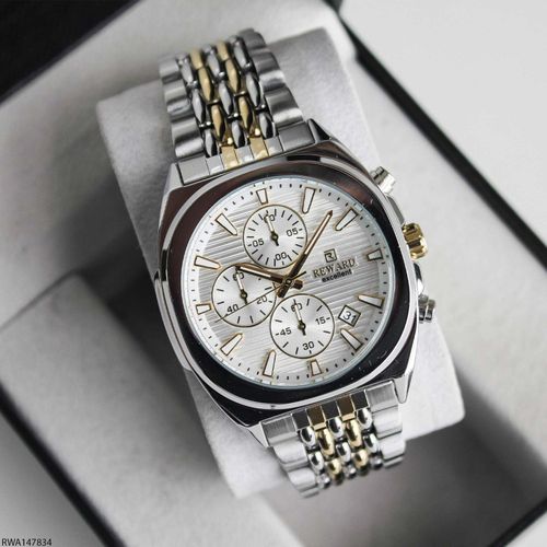Montre Luxe Homme Chronographe Boîtier Coussin Bicolore Bracelet Acier Or et Argent – Série Prestige