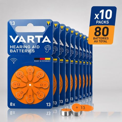 Lot de 80 Piles Auditives Type 13 Zinc Air – 10 Plaquettes de 8 Piles Haute Performance