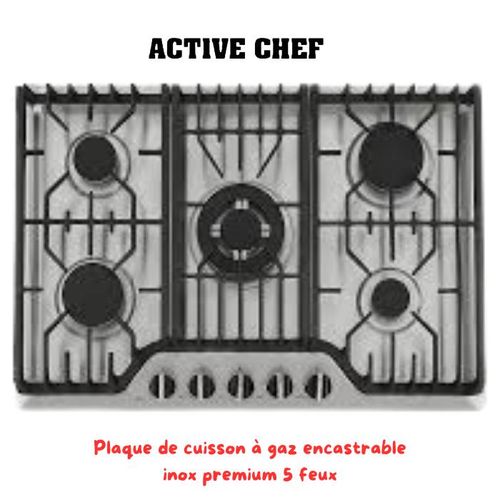 H5-70D3 Plaque Encastrable À Gaz 5 Feu 70 Cm Inox Grilles En Fonte Renforcée Allumage Électrique