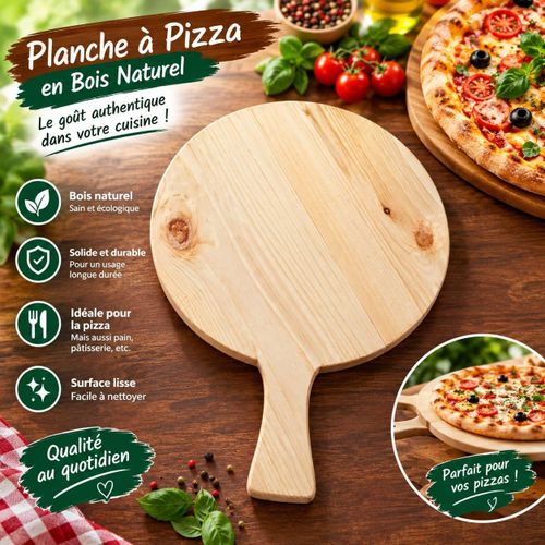 Planche à Pizza en Bois Naturel – Pelle à Pizza Ronde pour Découpe et Service
