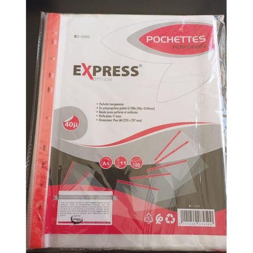 Express 100 POCHETTES transparentes PERFORÉES XO-4470 BLANCHES format A4( 40µ )