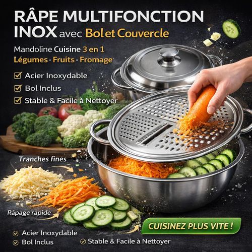Râpe Multifonction INOX avec Bol et Couvercle – Mandoline Cuisine 3 en 1 pour Légumes, Fromage et Fruits – Coupe, Tranche et Râpe en Acier Inoxydable