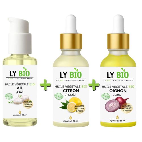 PACK HUILE AIL 50ML - POMPE + HUILE CITRON 50ML - PIPETTE + HUILE OIGNON 50ML - PIPETTE