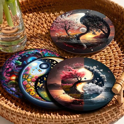 4 sets de dessous de plat en bois carton avec motif silhouette Tai Chi, ronds et artistiques - Style bohème, antidérapants, résistants à la chaleur, faciles à nettoyer, adaptés pour la cuisine, la salle à manger, le bureau, la décoration intérieure, la