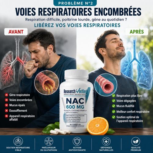 NAC 600 mg + Vitamine C – N-Acétyl-Cystéine – Soutien Respiratoire, Mucus & Antioxydant – 90 Capsules