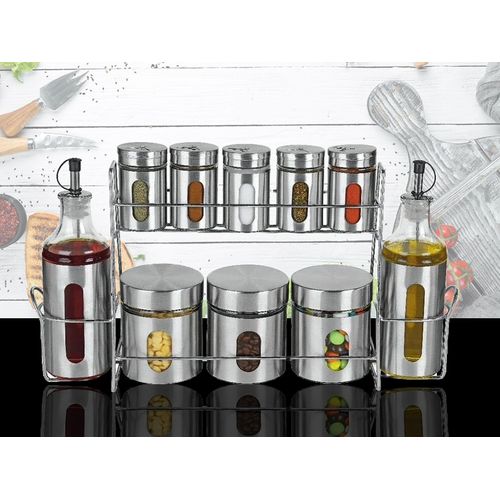 مجموعة من ٨ برطمانات توابل + ٢ زجاجة زيت مع حامل للعرض. استعمال يومي، صلصات و توابل مختلفة