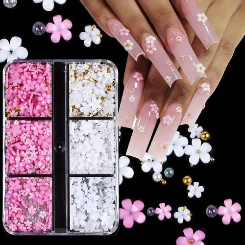 Décorations florales 3D pour ongles, blanches et roses, parfaites pour les ongles en acrylique. Comprend des perles dorées et argentées, des strass et des pierres précieuses en forme de fleurs printanières. Accessoires de manucure idéaux pour femmes.