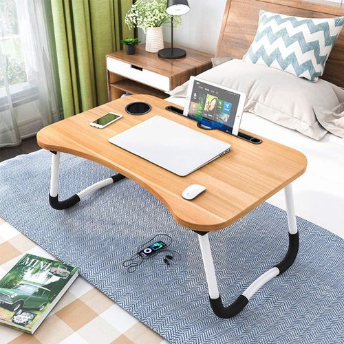 Table de Lit Pliable en Bois pour Ordinateur Portable – Bureau de Lit Ergonomique Multifonction avec Support Tablette et Smartphone, Porte-Gobelet, Rangement Intégré et Pieds Antidérapants, idéal pour Télétravail, Études, Lecture et Petit-Déjeuner au Lit.