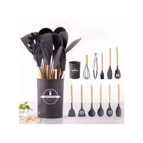 Set de 12 ustensiles de cuisine en silicone avec poignées en bois, résistant à la chaleur.