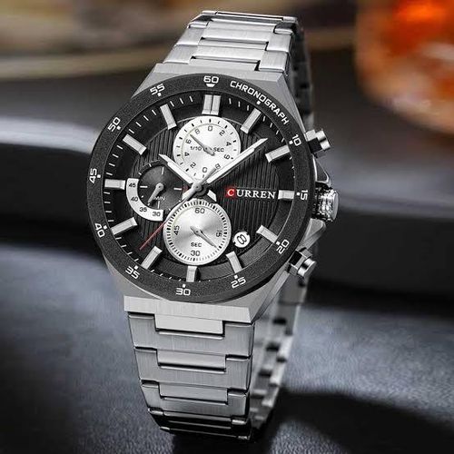 Montre Luxe Homme Chronographe Trois Sous-Cadrans Bracelet Acier 22 mm Argenté et Noir – Série Prestige