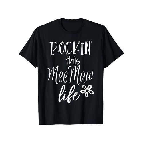 T-shirt LocalMen's épais 180 g/m - Noir, slogan rétro Rockin' This Mee-Maw Life et lettrage cursif blanc avec imprimé trèfle à quatre feuilles, coupe ample décontractée à manches courtes et col rond