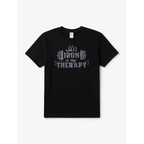 تيشيرت أسود رياضي Iron Is My Therapy - قميص قطني 100 لتحفيز كمال الأجسام - ملابس جيم فاخرة بتصميم أثقال - تيشيرت فتنس للرجال والنساء بنمط رياضي عصري مريح وعالي الجودة