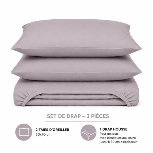 Set de drap uni Gris (Drap housse + 2 Taies d'oreiller) - Douceur Absolue