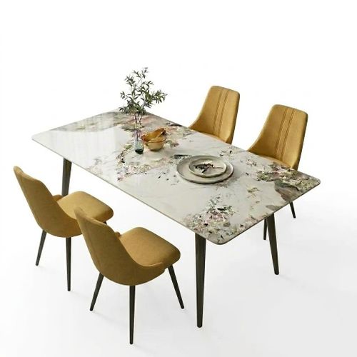 PACK ARTHUR – Table en Pierre Frittée Effet Marbre & 4 Chaises MANI Jaune Moutarde