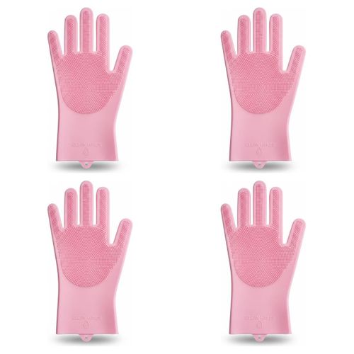 Lot de 4 - Gants de Nettoyage en Silicone Réutilisables avec Picots - Pour Cuisine, Vaisselle et Animaux - Paire Unique - Rose