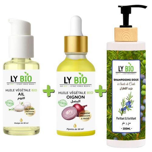 PACK HUILE AIL 50ML - POMPE + HUILE OIGNON 50ML - PIPETTE + SHAMPOOING A L'HUILE DE CADE 200ML