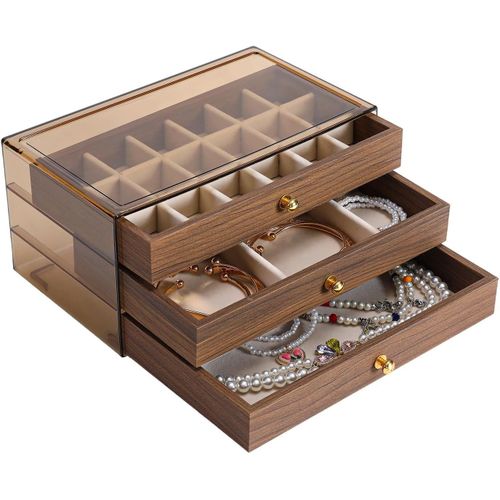 Boîte à bijoux vintage à 3 tiroirs en bois avec couvercle en acrylique, idéale pour ranger bagues, boucles d'oreilles, colliers et bracelets, 23 cm x 13 cm x 11 cm.