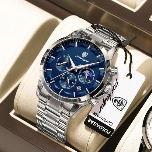 Montre Luxe Homme Chronographe Phase de Lune Trois Sous-Cadrans Argenté et Bleu – Série Prestige