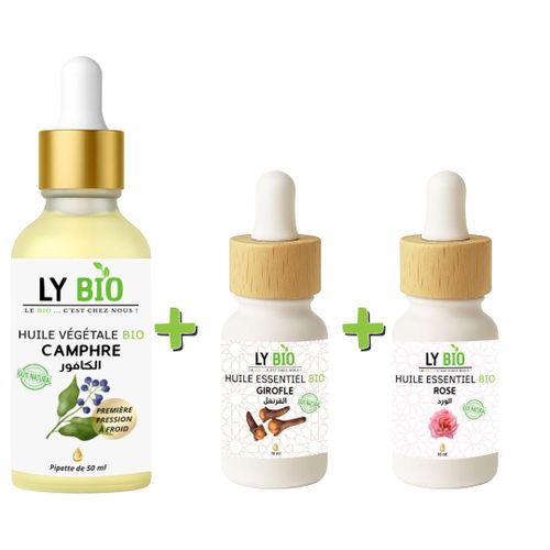 PACK HUILE CAMPHREE 50ML - PIPETTE + HUILE ESSENTIEL GIROFLE 10ML + HUILE ESSENTIEL ROSE 10ML