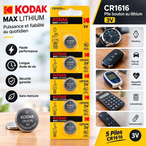 Pack de 5 Piles Bouton CR1616 Lithium 3V pour Montres et Clés de Voiture