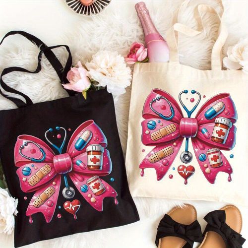 sac fourre-tout Jour des Infirmières Esthétique sans défaut avec imprimé nœud papillon, grande capacité, style tendance et simple, sacs durables pour pique-nique en plein air, fête, voyage, shopping