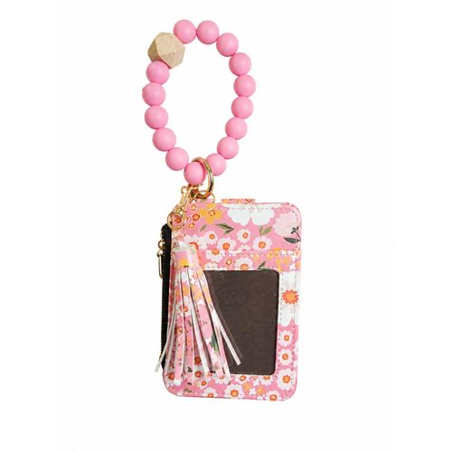 Porte-cartes floral avec bracelet perlé et pompon