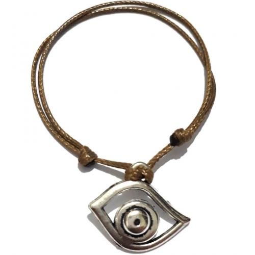 Bracelet Fil Marron Reglable Avec Pendentif Eye Argenté Handmade - Unisex