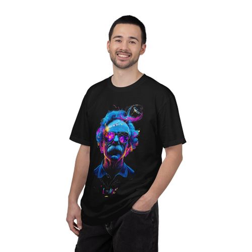 T-Shirt Noir Unisex Einstein Psychédélique Néon - 100 % Coton Premium, Style Aesthetic Pop Art Streetwear