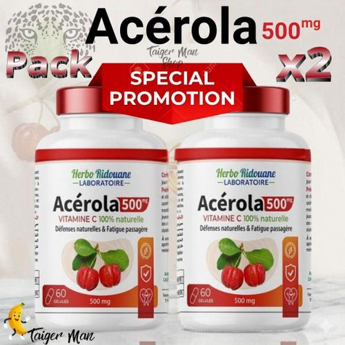 Pack 2 Bottel Suppléments nutritionnels Aogubio Capsule d'extrait de cerise d'acérola séchée, Vitamine C Complex et Acerola, 100% SANS CONSERVATEURS