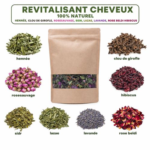 revitalisant cheveux 100% naturel hennée, clou de girofle, rosesauvage, sidr, lazae, lavande, rose beldi hibiscus