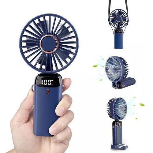 Mini ventilateur portable USB rechargeable pliable à suspendre autour du cou, cinq vitesses de vent, ventilateur de poche rechargeable pour un refroidissement portable - Bleu