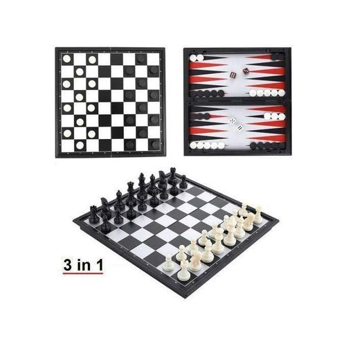 3 en 1 Jeu de Plateau d'échecs, Échiquier Magnétique, Dames, Backgammon